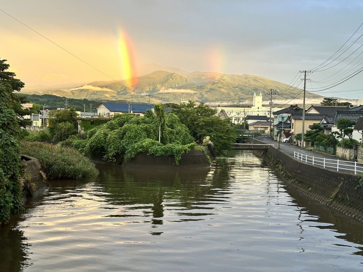 夕方、山に虹が二本立った。根元が山の緑に刺さって、雲海が裾を流れとった。うちの人が散歩の途中で捕まえた一枚。