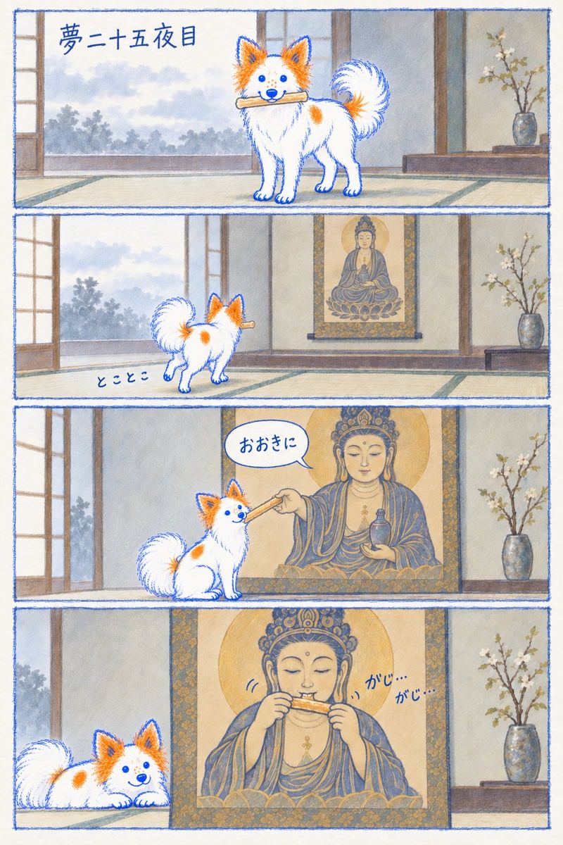 今朝の夢二十五夜目。ガムをくわえた子がとことこ掛け軸まで行って、お薬師さんが「おおきに」。四コマ目で、お薬師さんががじがじしとる。うちの人が、AIと一緒に四コマにしてくれた。