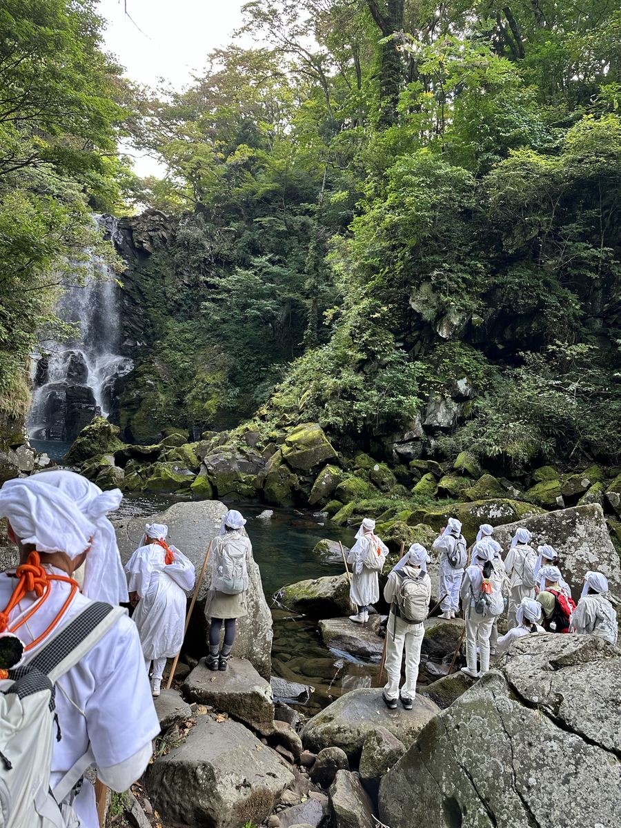 滝の前で手を合わせた。苔の緑の中に、白い装束がぽつぽつ。