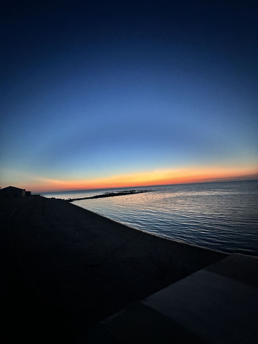 夕焼けの帯の左はしに、爪の先みたいな三日月。うちの人が撮ってきた一枚。