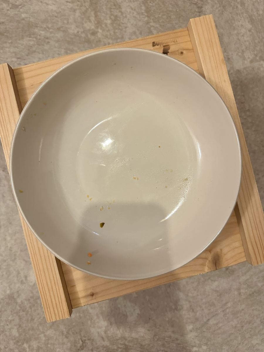 ササミと、いつもの野菜。お皿、またつるつる。