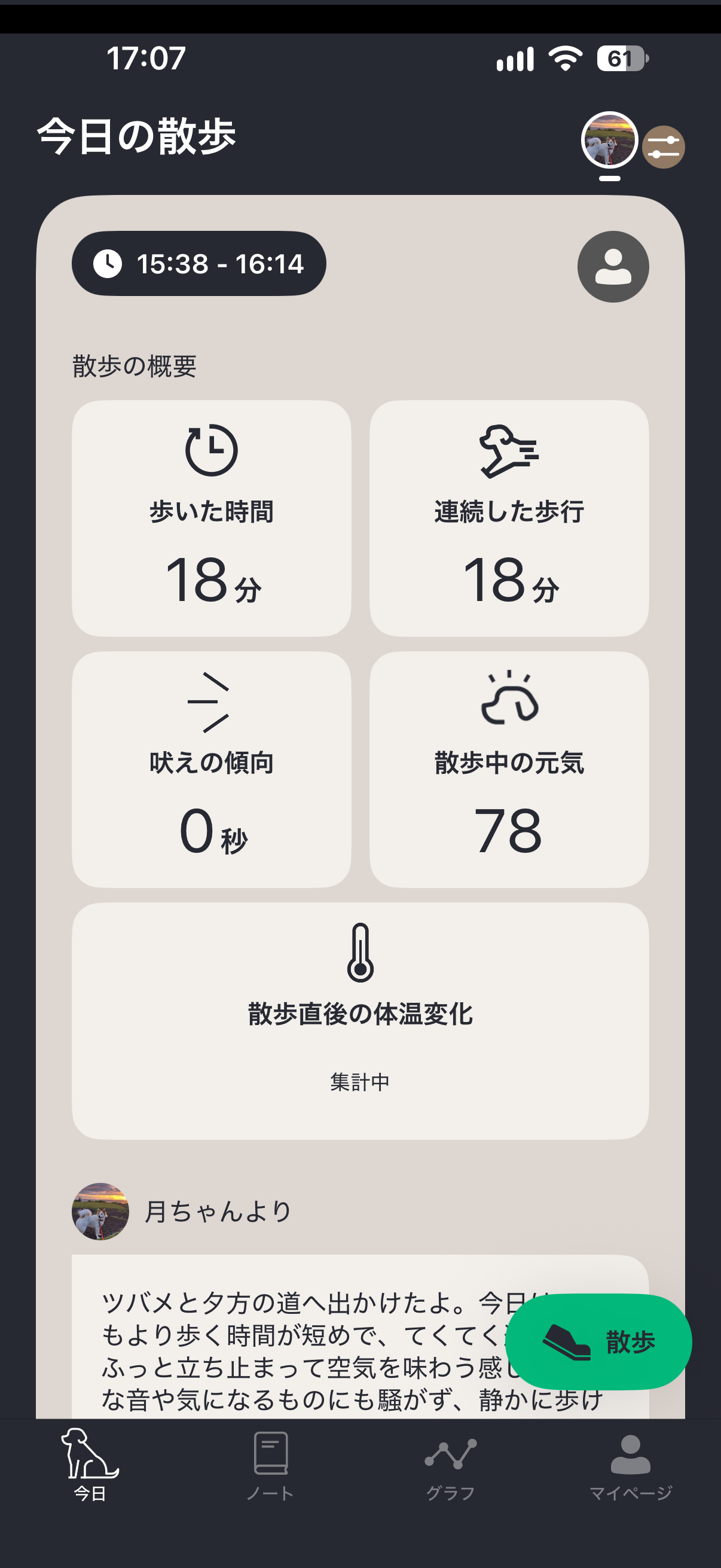 夕方の散歩、十八分。月ちゃんはまた静か。そのあと雷が来た。ずっと前から、空の気配を感じとったんかもしれん。